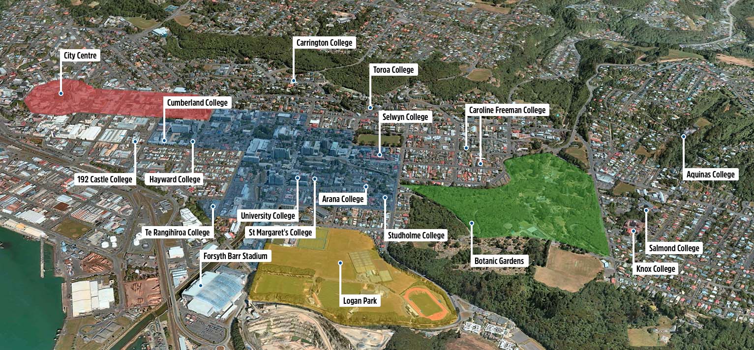 Map of central Dunedin showing locations of residential colleges
