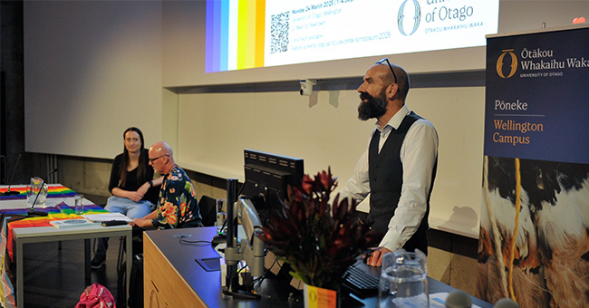 Dean and Head of Campus Professor William Levack opening the Pride Symposium with Dr Jaimie Veale (far left) and Jack Byrne. 